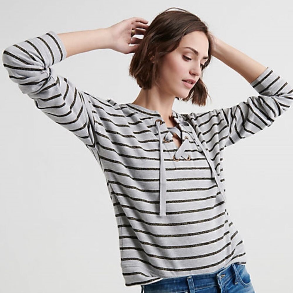 Lucky Brand Gray Striped Shine Pullover Sweatshirt L
